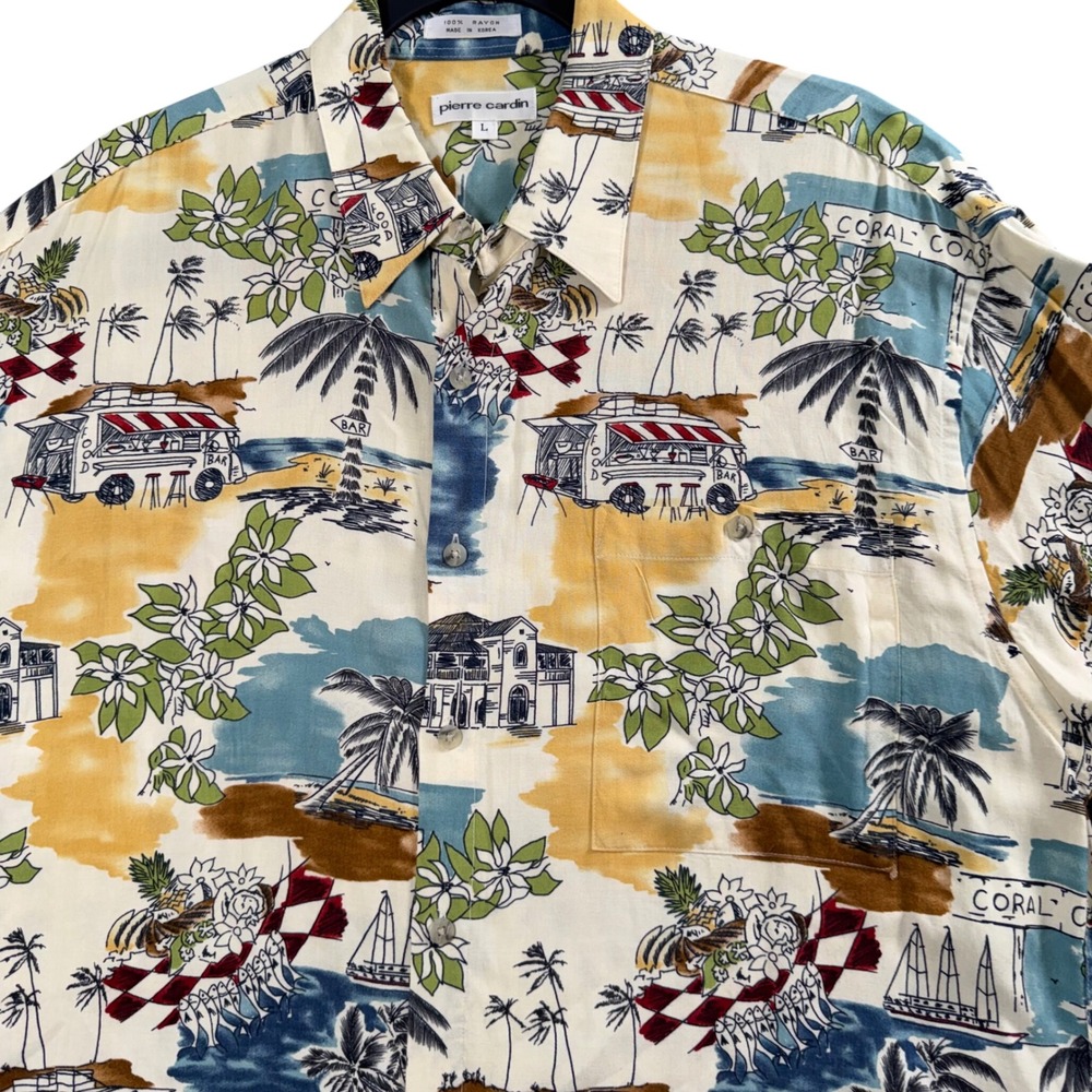 Vintage 90s Pierre Cardin Rayon Hawaiian Shirt L‎ Coral Coast Scenic Print